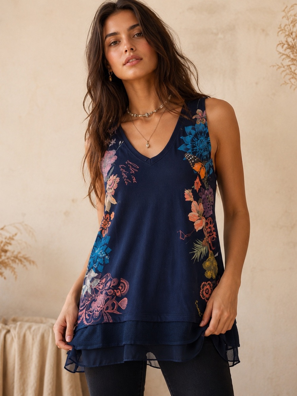 Desigual Floral Layered Tunic Top Navy Viscose